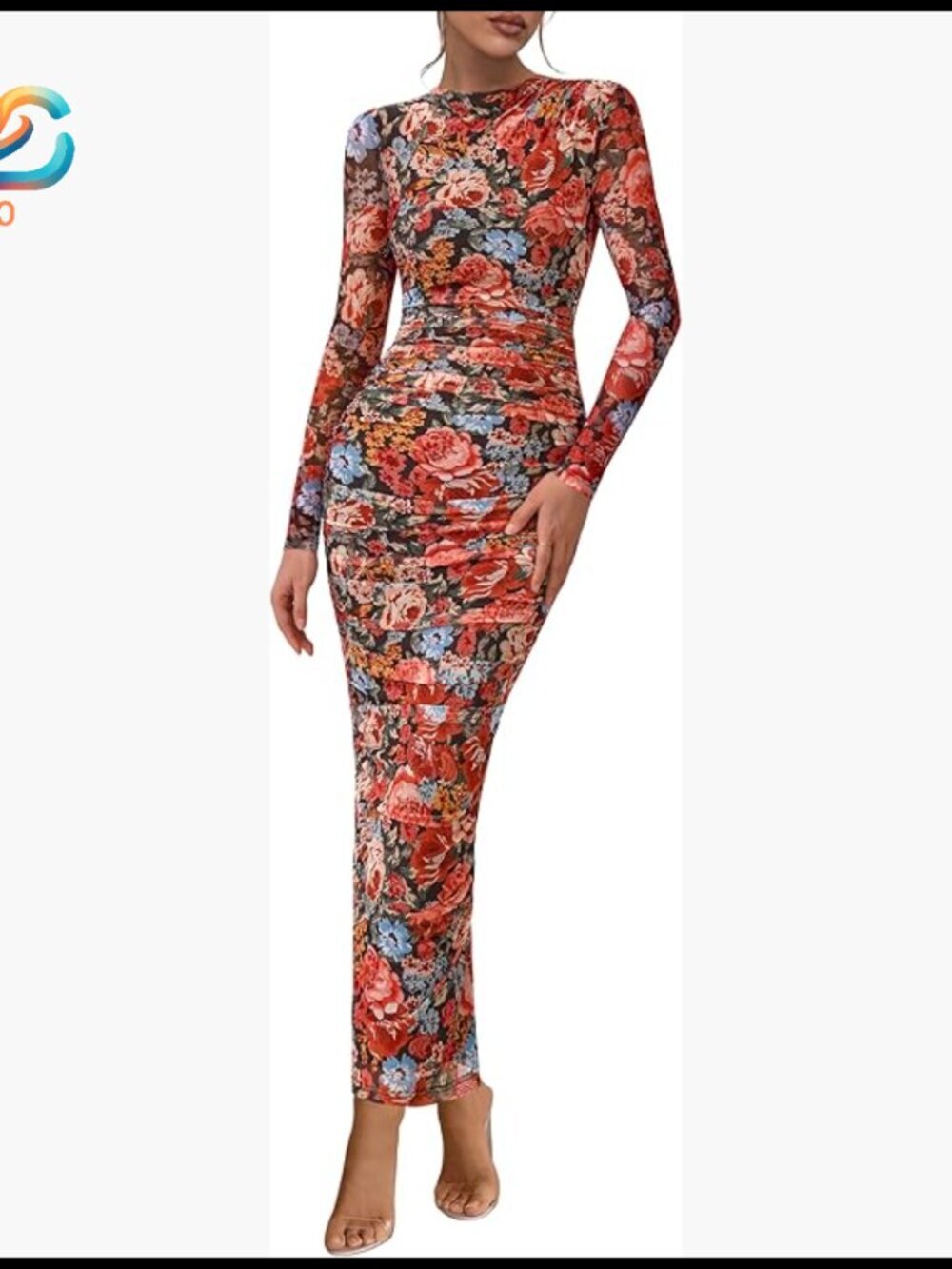 Long Sleeve Maxi Dress Ruched Bodycon Mesh Formal Wedding Guest Cocktail